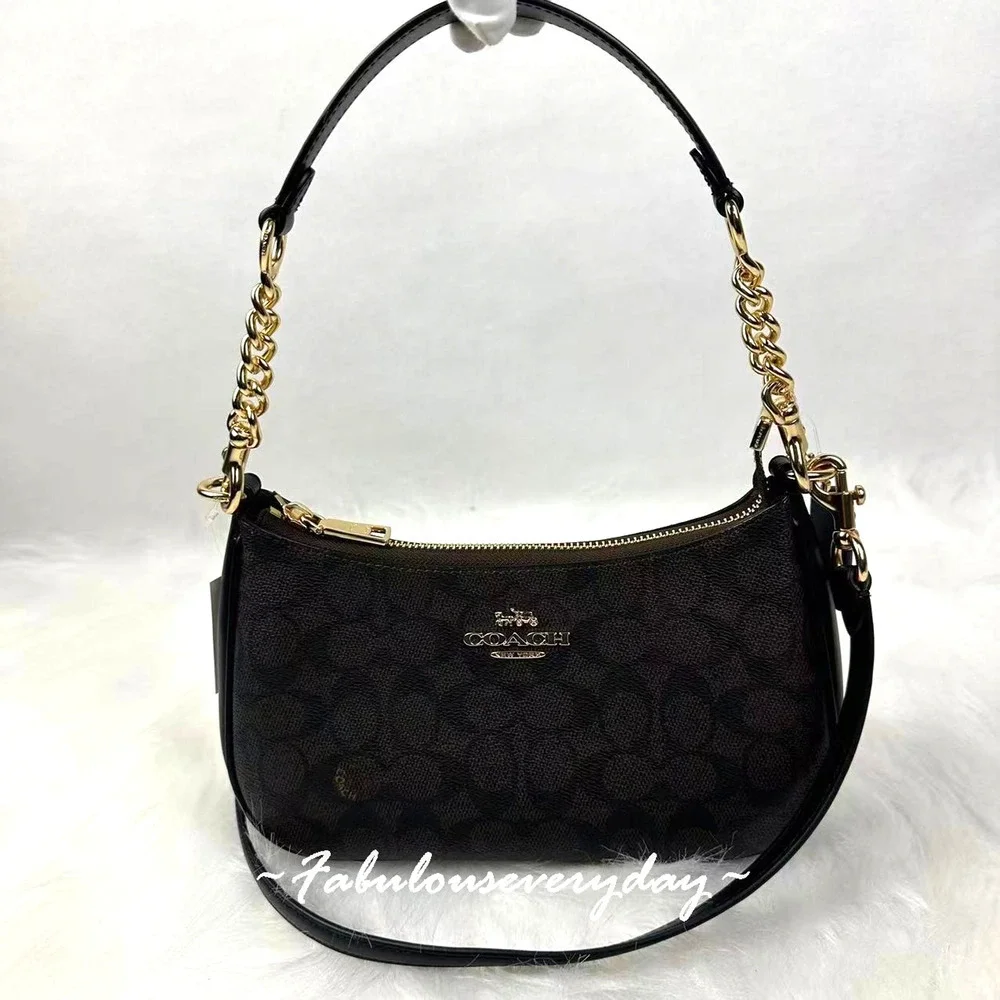 Coach Teri Shoulder/Crossbody Bag Signature Canvas/Gold/Walnut/Black CV933 NWT